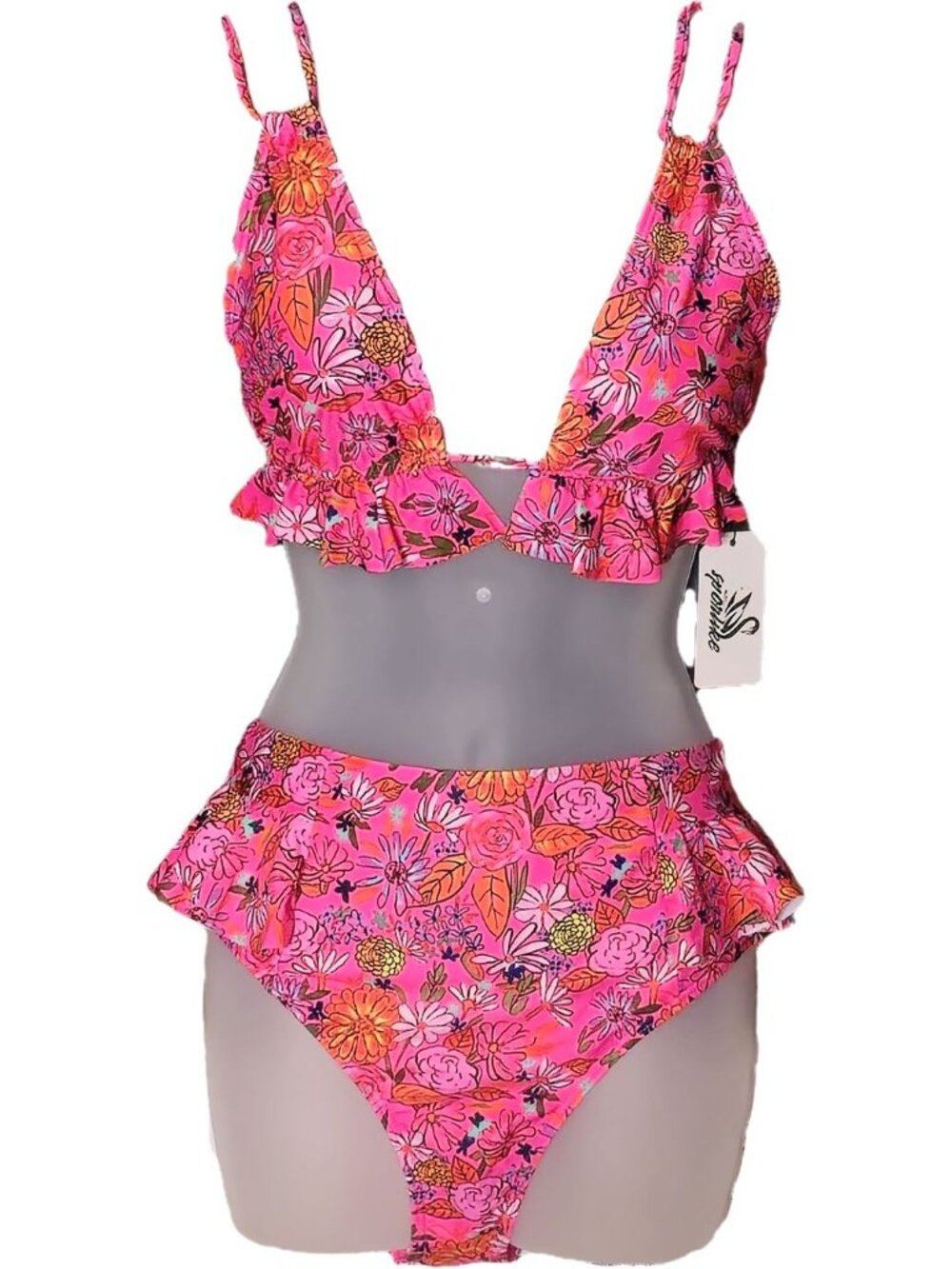 Floral Bikini Set M Pink Two Piece High Waist Ruffle Accent Adjustable Triangle - Picture 2 of 11